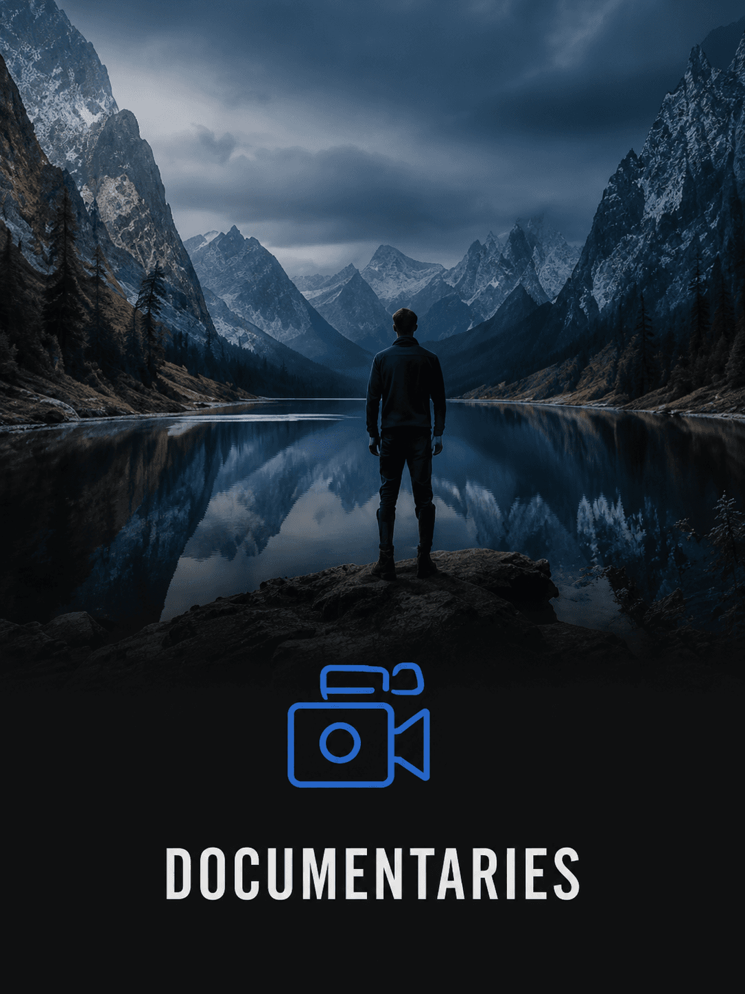 Lone figure before a mountain lake at dusk, titled Documentaries.