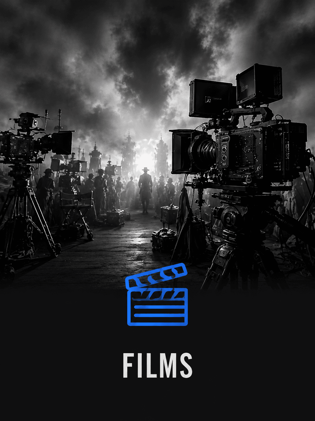 Film camera rig on a smoke-lit set, titled Films.