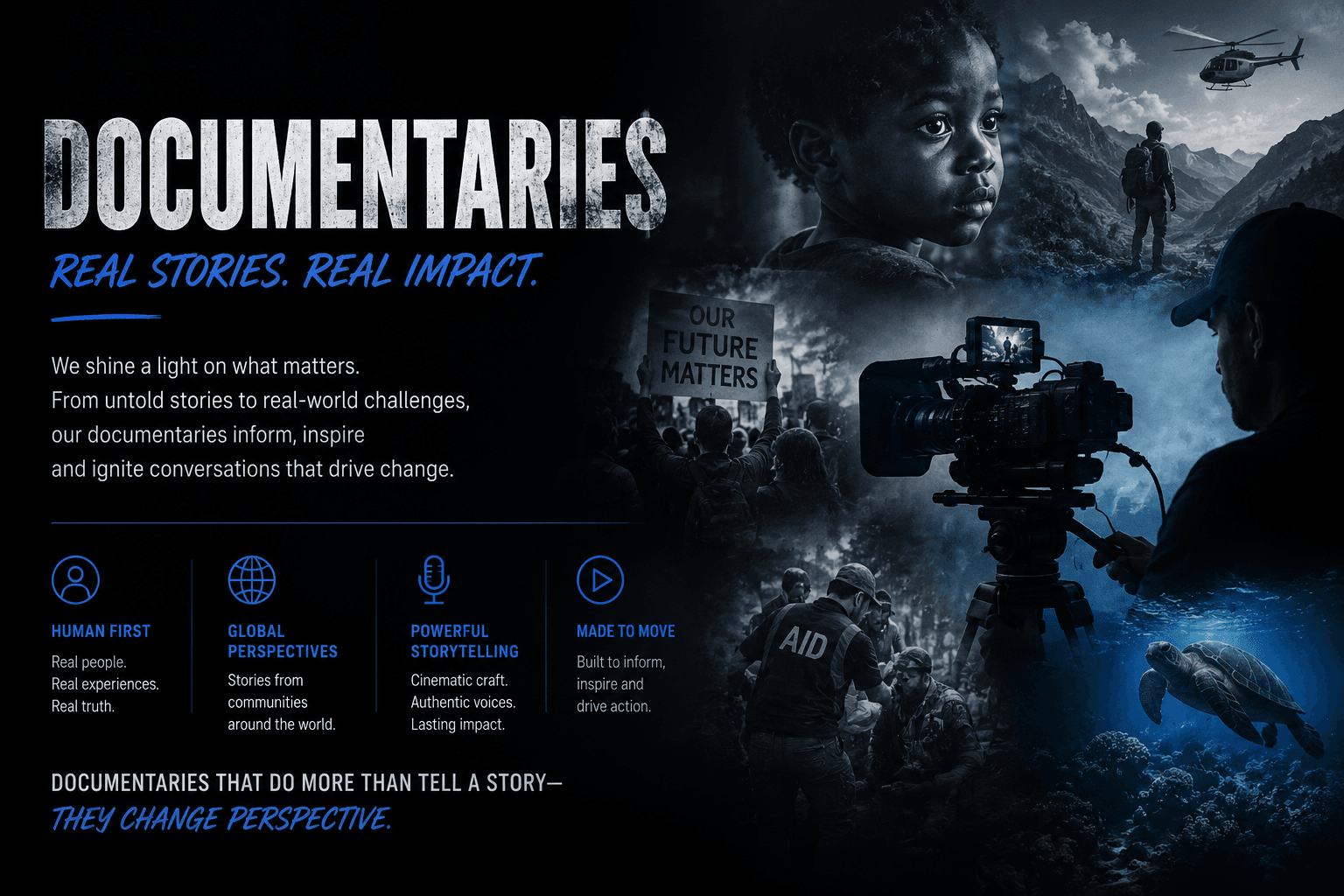 FM Studio Documentaries — real stories, real impact. We shine a light on what matters. From untold stories to real-world challenges, our documentaries inform, inspire and ignite conversations that drive change. Human first, global perspectives, powerful storytelling, made to move. Documentaries that do more than tell a story — they change perspective.