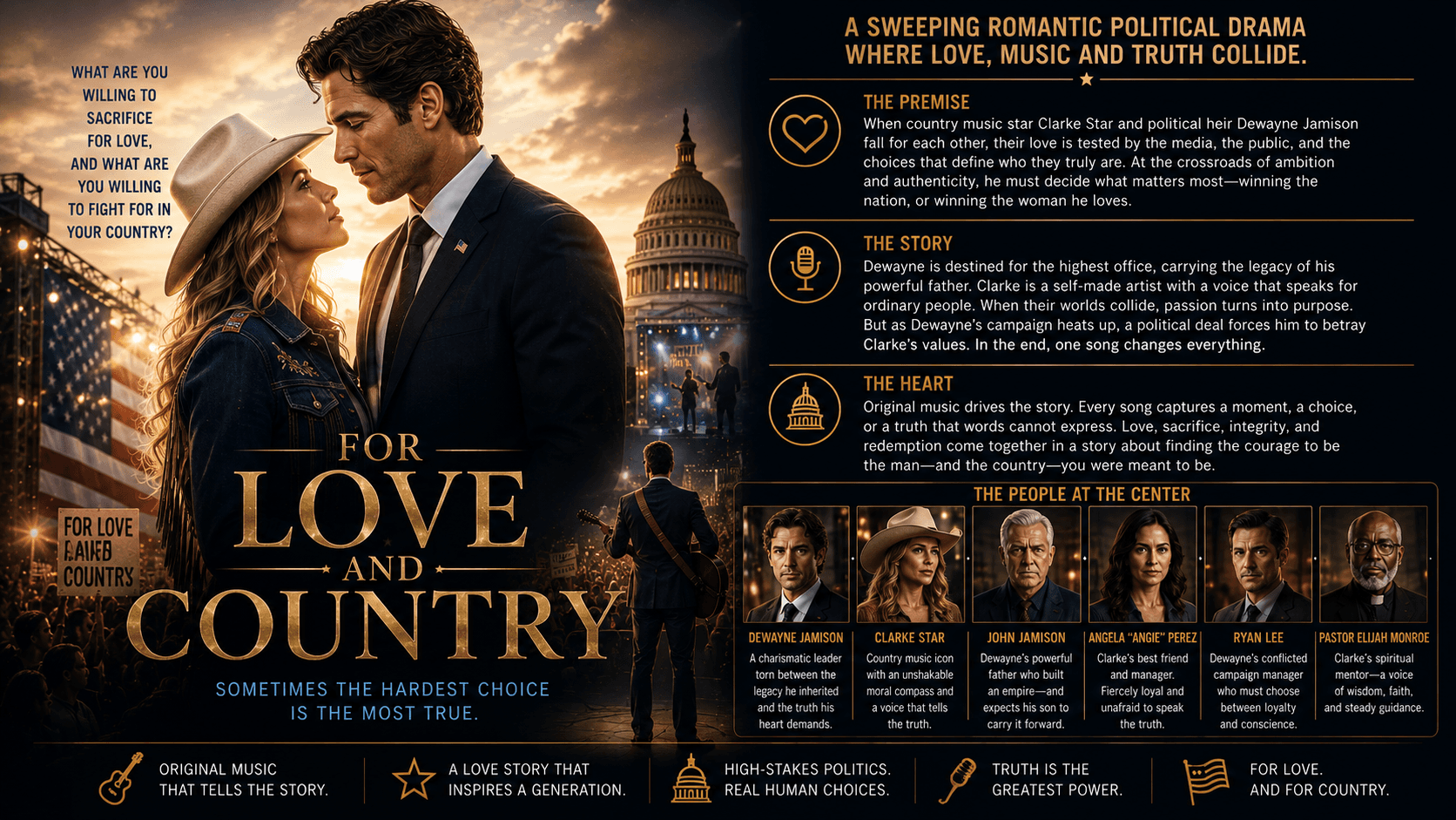 For Love and Country — a sweeping romantic political drama about love, legacy, ambition and integrity, centred on Dewayne Jamison and country music star Clarke Star.