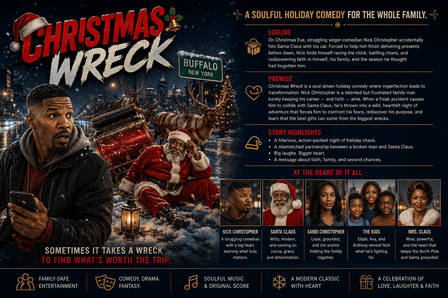 Christmas Wreck — a soulful holiday comedy for the whole family. Logline: on Christmas Eve, struggling singer-comedian Nick Christopher accidentally hits Santa Claus with his car and must help him finish delivering presents before dawn. Characters: Nick Christopher, Santa Claus, Sandi Christopher, The Kids, Mrs. Claus.