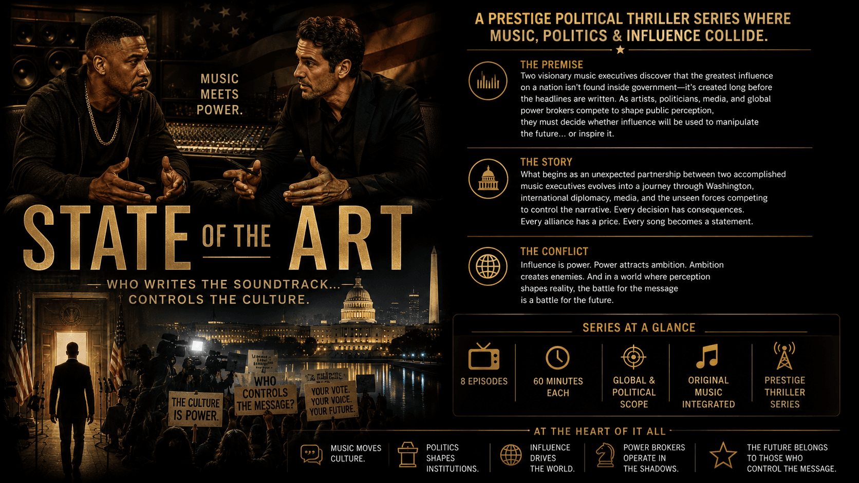 State of the Art — a prestige political thriller set at the crossroads of music, politics, media and global influence, centred on music executives TJ Rossi and JD Houston.